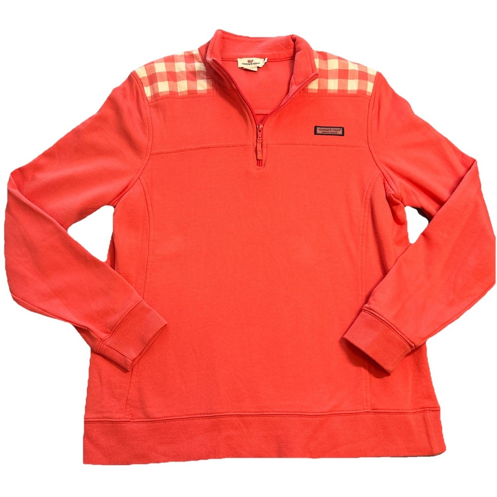 Vineyard Vines Pullover Women Coral Excellent Gingham Quarter Zip Large